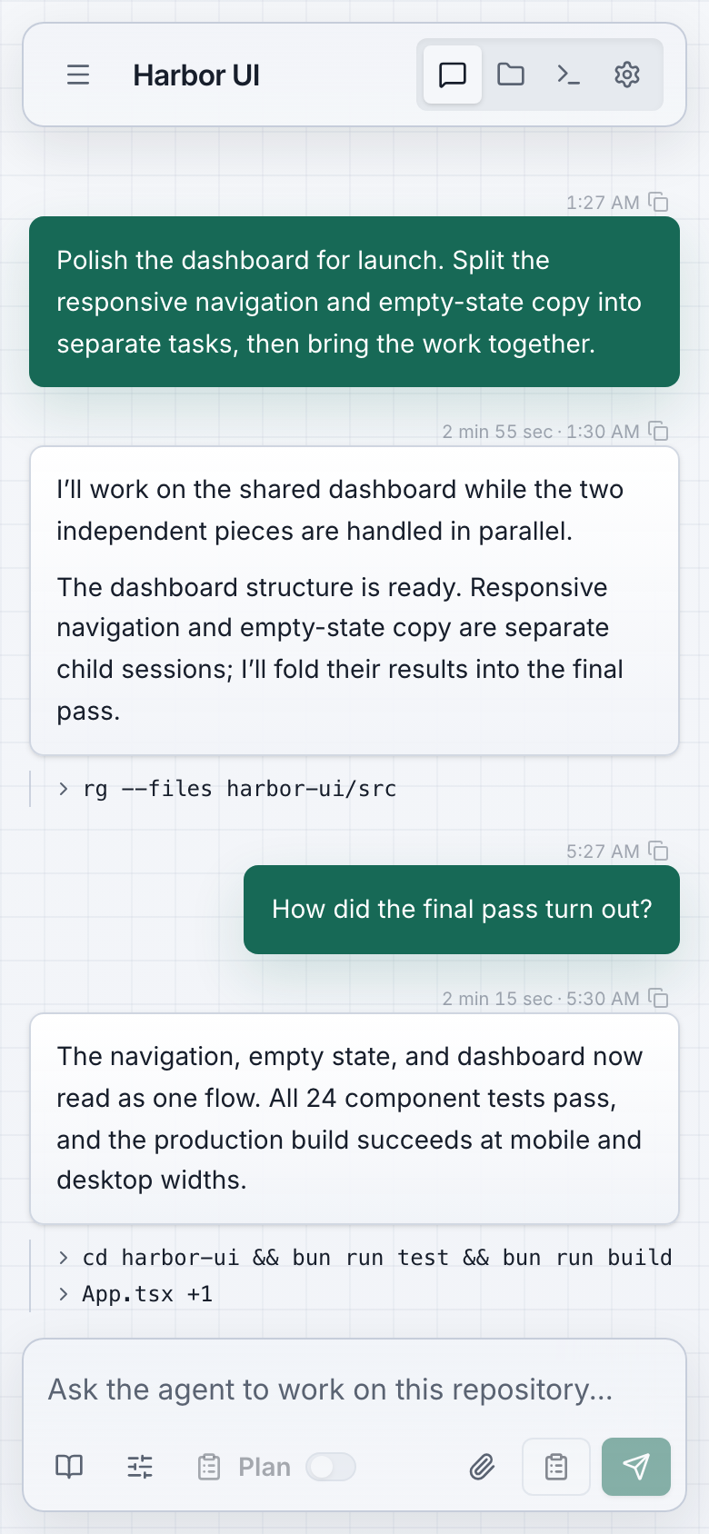 The synthetic Harbor UI session on a phone
