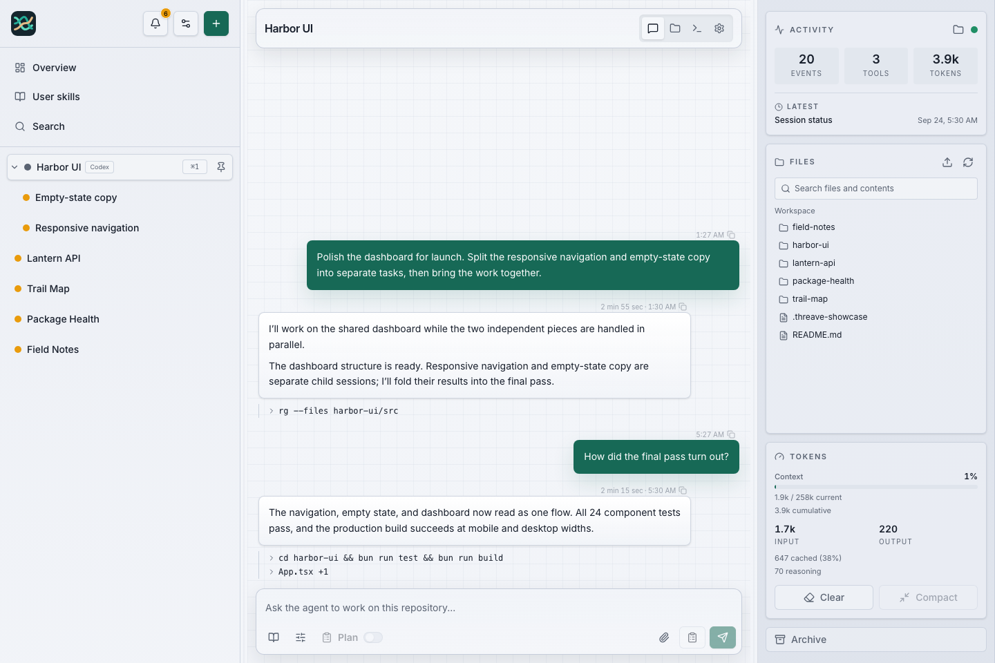 A fictional Harbor UI session with two child tasks in the sidebar